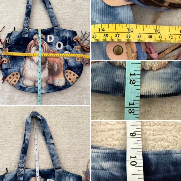 Tie-Dye Dog Print Corduroy Tote Bag With Fringe Details Zipper Pocket - Picture 5 of 13